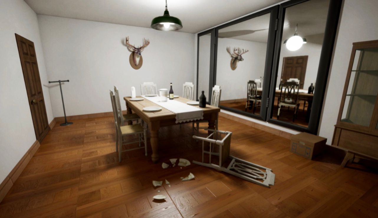 Sala de jantar com uma cadeira caída e cacos no chão